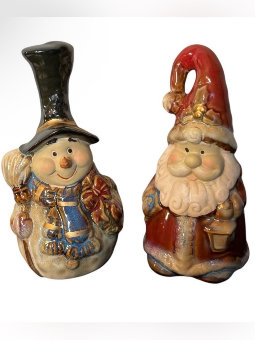 Festive Ceramic Santa and Snowman Holiday Christmas Ringing Bell Figurines